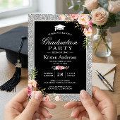 Silver Glitzer Floral Foto Graduation Party Einladung