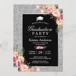 Silver Glitzer Floral Foto Graduation Party Einladung