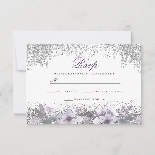 Silver Glitzer Floral Lila Wedding RSVP (Vorderseite)