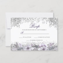 Silver Glitzer Floral Lila Wedding RSVP