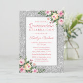 Silver Glitzer Floral Quinceañera 15. Geburtstag Einladung (Stehend Vorderseite)