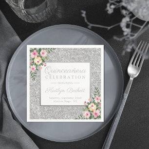 Silver Glitzer Floral Quinceañera 15. Geburtstag Serviette