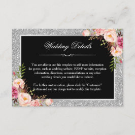 Silver Glitzer Floral Wedding Details Empfang Begleitkarte