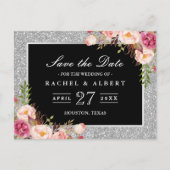 Silver Glitzer Floral Wedding Save the Date Ankündigungspostkarte (Vorderseite)