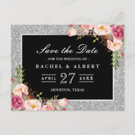 Silver Glitzer Floral Wedding Save the Date Ankündigungspostkarte