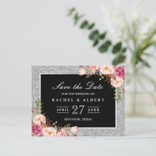 Silver Glitzer Floral Wedding Save the Date Ankündigungspostkarte (Stehend Vorderseite)