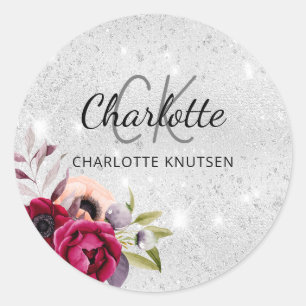 Silver Glitzer florals burgundy monogram name Runder Aufkleber