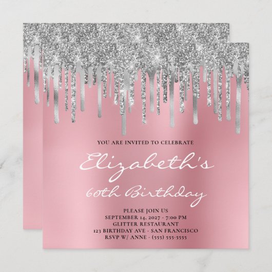 Silver Glitzer Foil Tropfens Pink Ombre 60. Geburt Einladung (Vorne/Hinten)