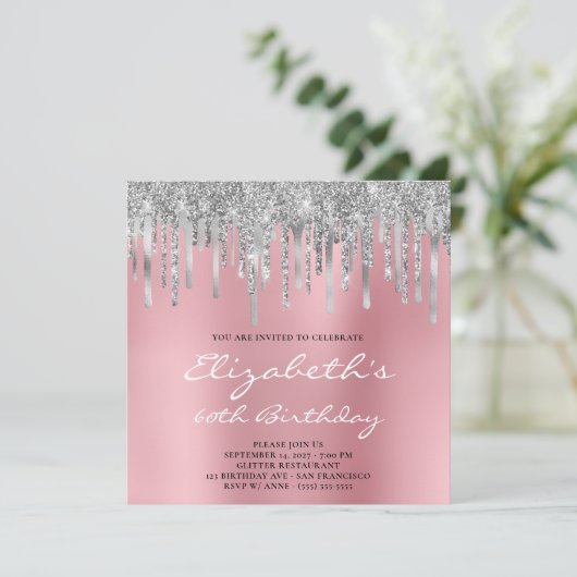 Silver Glitzer Foil Tropfens Pink Ombre 60. Geburt Einladung (Stehend Vorderseite)