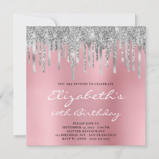 Silver Glitzer Foil Tropfens Pink Ombre 60. Geburt Einladung (Vorderseite)