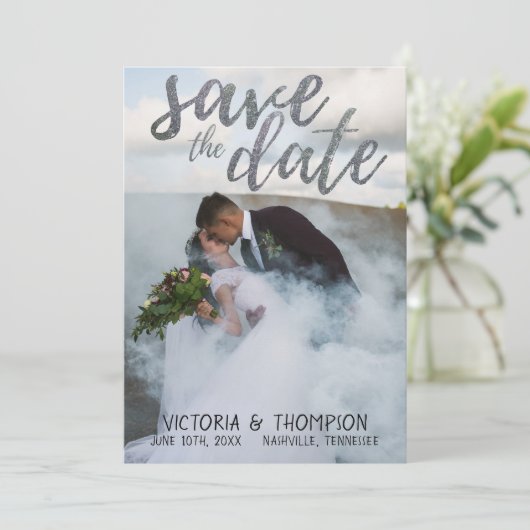 Silver Glitzer Foto Berge Save the Date (Stehend Vorderseite)