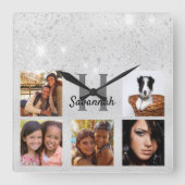 Silver Glitzer Foto Collage monogram glamourös Quadratische Wanduhr (Vorderseite)