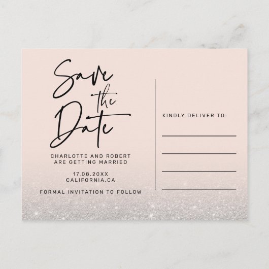 Silver Glitzer Foto Hochzeit speichern Sie das Dat Ankündigungspostkarte (Rückseite)