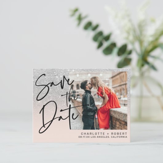 Silver Glitzer Foto Hochzeit speichern Sie das Dat Ankündigungspostkarte (Stehend Vorderseite)