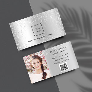 Silver Glitzer Foto Logo elegant QR-Code Visitenkarte