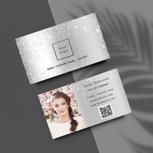 Silver Glitzer Foto Logo elegant QR-Code Visitenkarte