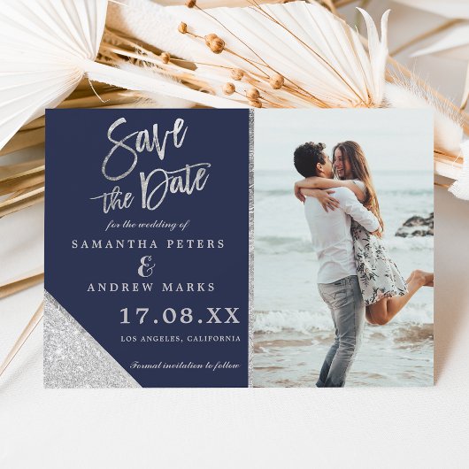 Silver Glitzer Foto Marine Save the Date blau