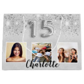 Silver Glitzer Foto Name Quinceanera Große Geschenktüte (Vorderseite)