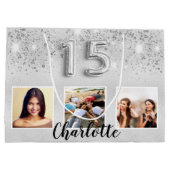 Silver Glitzer Foto Name Quinceanera Große Geschenktüte (Rückseite)
