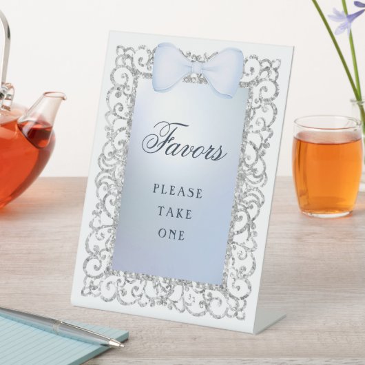 Silver Glitzer Frame Blue Bow-Favoriten Sockelschild (In Situ)