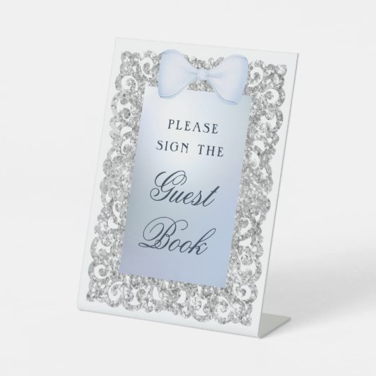 Silver Glitzer Frame Blue Bow Gästebuch Sockelschild (Vorderseite)