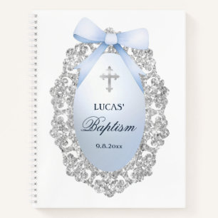Silver Glitzer Frame Blue Bow Taufbuch Notizblock