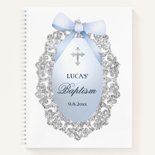 Silver Glitzer Frame Blue Bow Taufbuch Notizblock (Vorderseite)