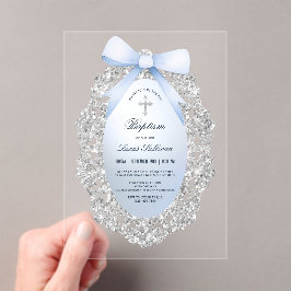 Silver Glitzer Frame Blue Bow Taufe Acryleinladungen