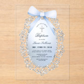 Silver Glitzer Frame Blue Bow Taufe Acryleinladungen (Vorderseite)