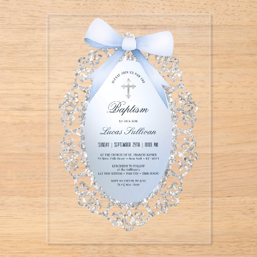 Silver Glitzer Frame Blue Bow Taufe Acryleinladungen (Vorderseite)