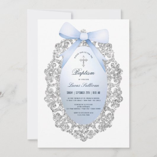 Silver Glitzer Frame Blue Bow Taufe Einladung (Vorderseite)