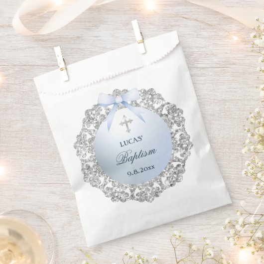 Silver Glitzer Frame Blue Bow Taufe Geschenktütchen (Ausgeschnitten)