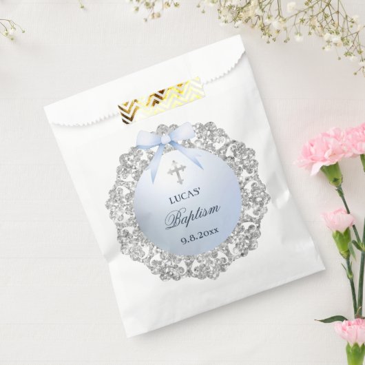 Silver Glitzer Frame Blue Bow Taufe Geschenktütchen (Versiegelt)