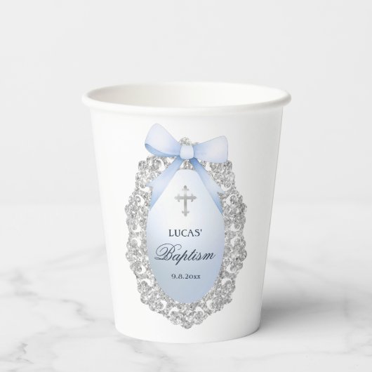 Silver Glitzer Frame Blue Bow Taufe Pappbecher (Rückseite)