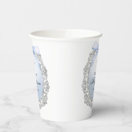 Silver Glitzer Frame Blue Bow Taufe Pappbecher (Links)