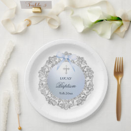 Silver Glitzer Frame Blue Bow Taufe Pappteller