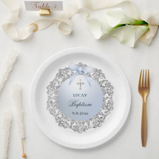 Silver Glitzer Frame Blue Bow Taufe Pappteller (Hochzeit)