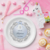 Silver Glitzer Frame Blue Bow Taufe Pappteller (Party)