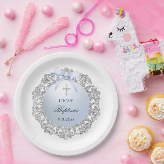 Silver Glitzer Frame Blue Bow Taufe Pappteller (Party)