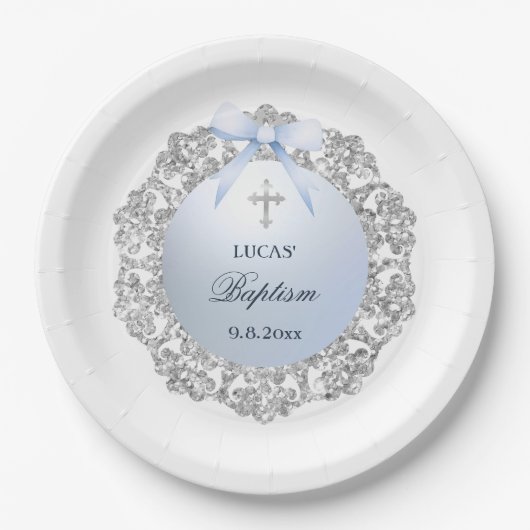 Silver Glitzer Frame Blue Bow Taufe Pappteller (Vorderseite)