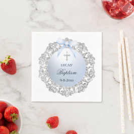 Silver Glitzer Frame Blue Bow Taufe Serviette