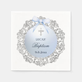 Silver Glitzer Frame Blue Bow Taufe Serviette