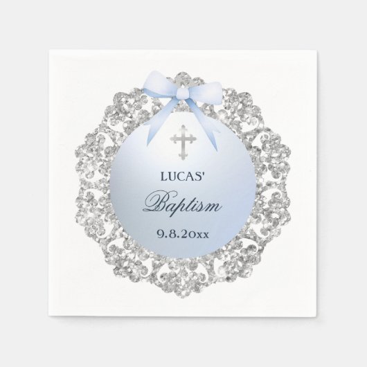 Silver Glitzer Frame Blue Bow Taufe Serviette (Vorderseite)