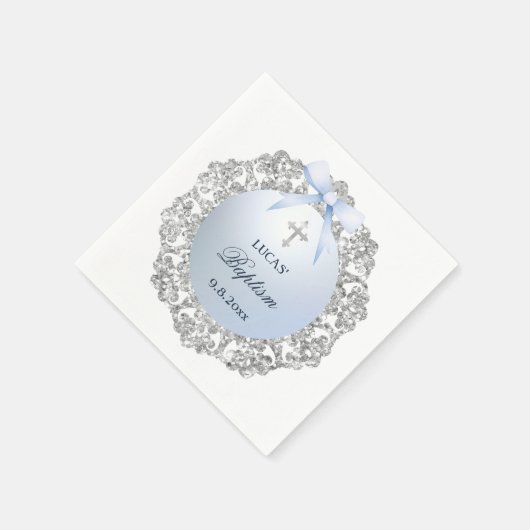 Silver Glitzer Frame Blue Bow Taufe Serviette (Ecke)