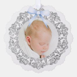 Silver Glitzer Frame Blue Bow Taufe Vielen Dank Ornament Karte