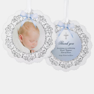 Silver Glitzer Frame Blue Bow Taufe Vielen Dank Ornament Karte