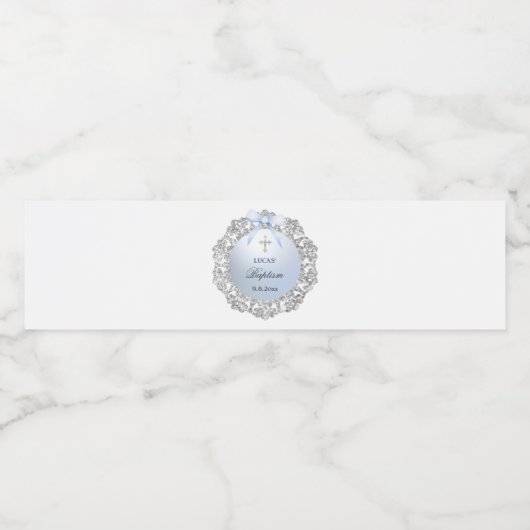 Silver Glitzer Frame Blue Bow Taufe Wasserflaschenetikett (Einzelnes Label)