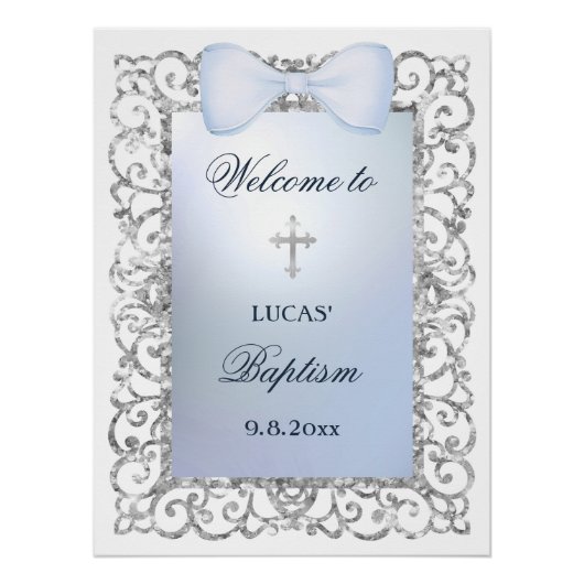 Silver Glitzer Frame Blue Bow Taufe Willkommen Poster (Vorderseite)