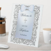 Silver Glitzer Frame Blue Bow Taufe Willkommen Sockelschild (In Situ)