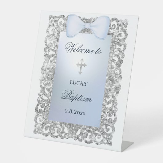 Silver Glitzer Frame Blue Bow Taufe Willkommen Sockelschild (Vorderseite)